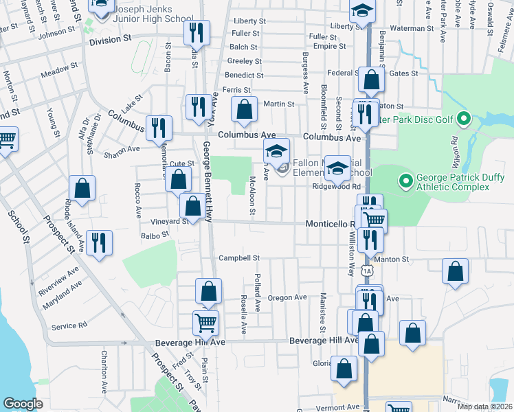 map of restaurants, bars, coffee shops, grocery stores, and more near 84 Monticello Road in Pawtucket