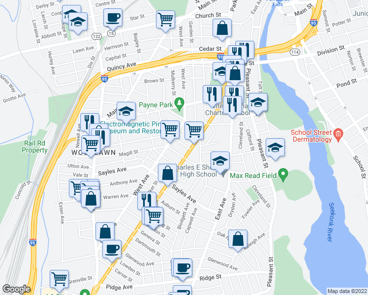 map of restaurants, bars, coffee shops, grocery stores, and more near 326 Pawtucket Avenue in Pawtucket