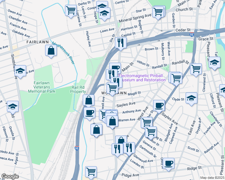 map of restaurants, bars, coffee shops, grocery stores, and more near 183 Magill Street in Pawtucket