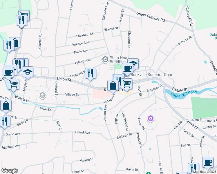 map of restaurants, bars, coffee shops, grocery stores, and more near in Vernon