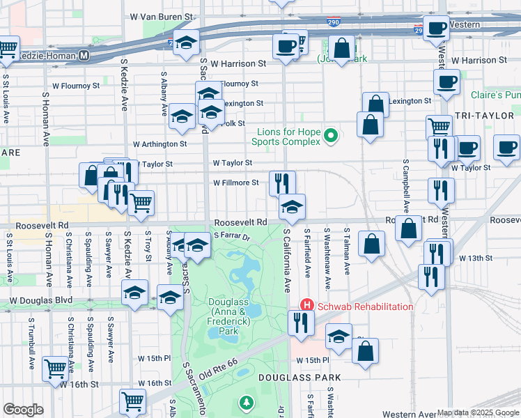 map of restaurants, bars, coffee shops, grocery stores, and more near 2838 West Roosevelt Road in Chicago