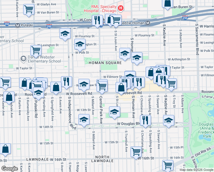map of restaurants, bars, coffee shops, grocery stores, and more near 3524 Roosevelt Road in Chicago