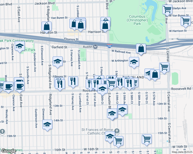 map of restaurants, bars, coffee shops, grocery stores, and more near 1169 Lyman Avenue in Oak Park