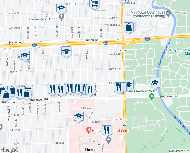 map of restaurants, bars, coffee shops, grocery stores, and more near 2032 South 5th Avenue in Maywood