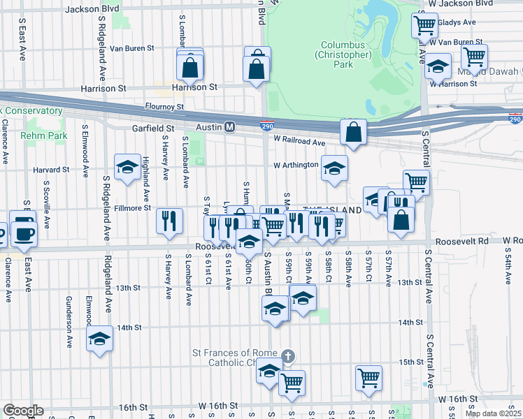 map of restaurants, bars, coffee shops, grocery stores, and more near 1127 South Austin Boulevard in Chicago