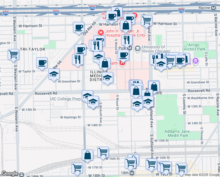 map of restaurants, bars, coffee shops, grocery stores, and more near 1820 West Roosevelt Road in Chicago