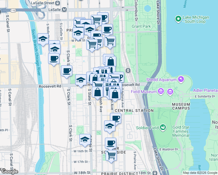 map of restaurants, bars, coffee shops, grocery stores, and more near 1241 South Michigan Avenue in Chicago