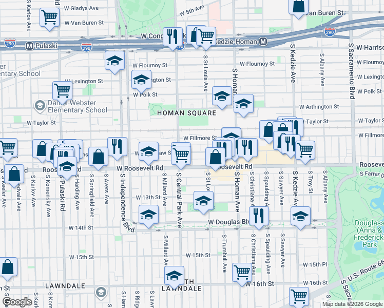 map of restaurants, bars, coffee shops, grocery stores, and more near 3531 West Grenshaw Street in Chicago