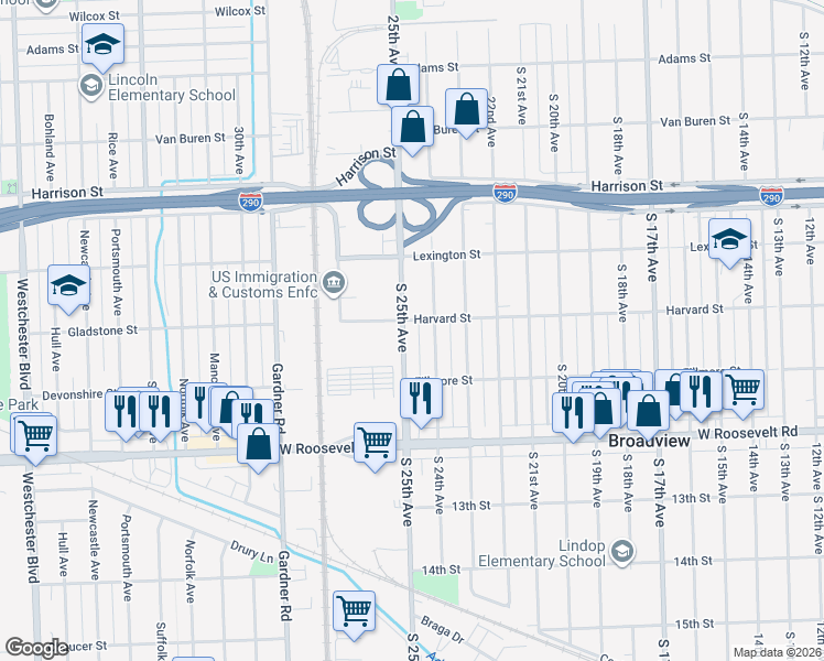 map of restaurants, bars, coffee shops, grocery stores, and more near 2025 South 25th Avenue in Broadview