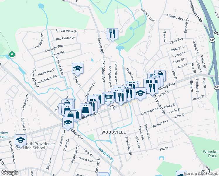 map of restaurants, bars, coffee shops, grocery stores, and more near 1 Benjamin Drive in North Providence