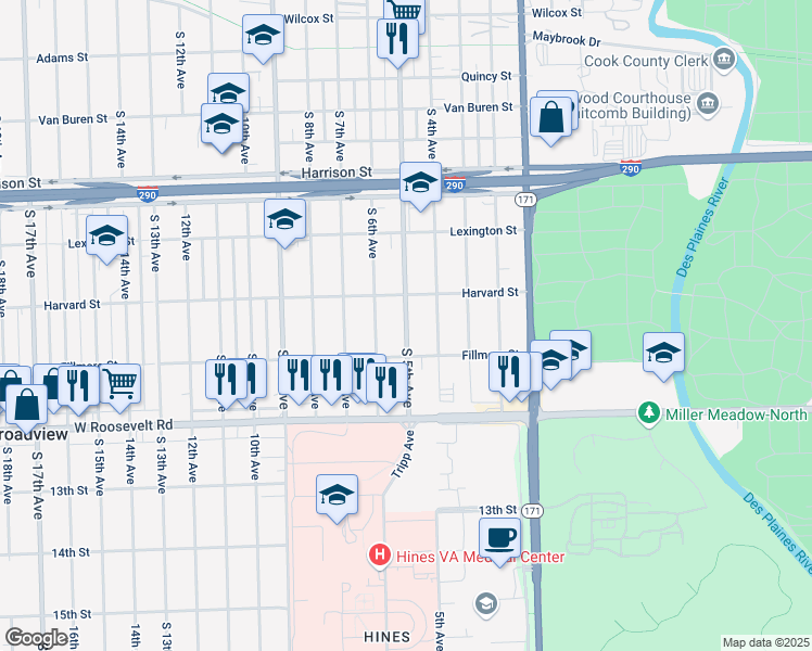 map of restaurants, bars, coffee shops, grocery stores, and more near 2032 South 5th Avenue in Maywood