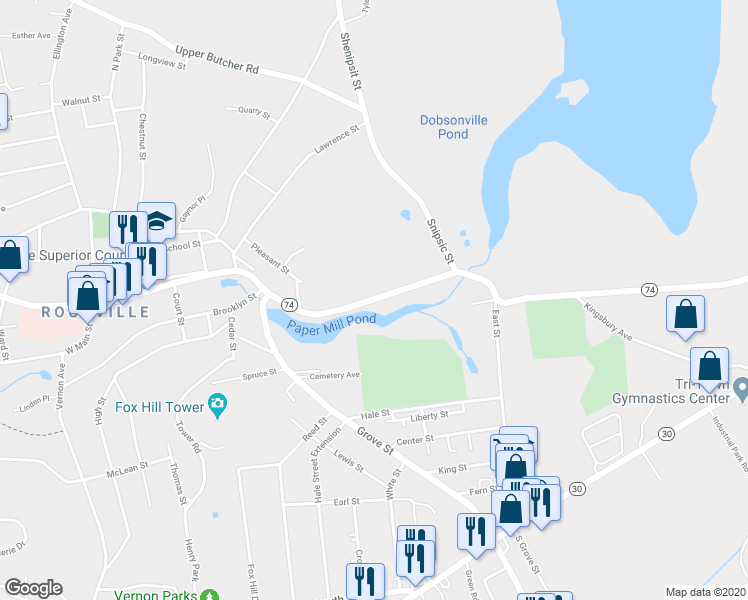 map of restaurants, bars, coffee shops, grocery stores, and more near 157 East Main Street in Vernon