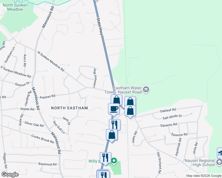 map of restaurants, bars, coffee shops, grocery stores, and more near 60 Wampum Lane in Eastham