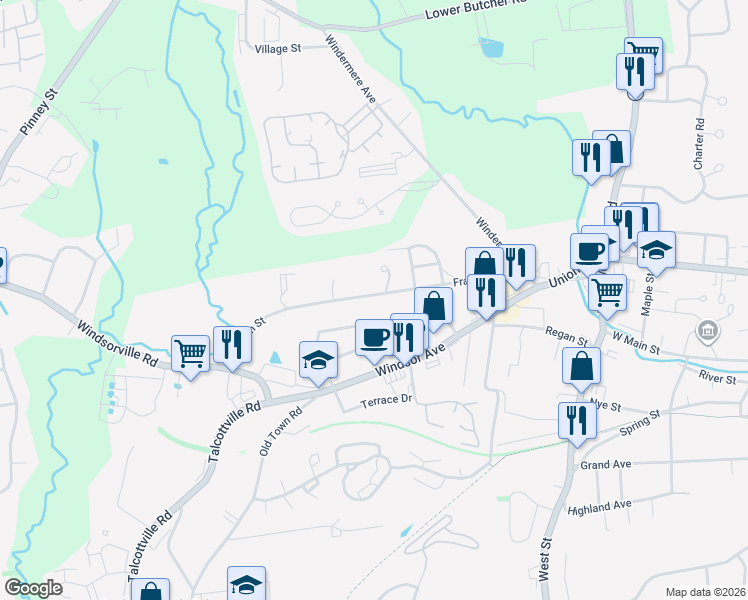 map of restaurants, bars, coffee shops, grocery stores, and more near 22 Burke Road in Vernon