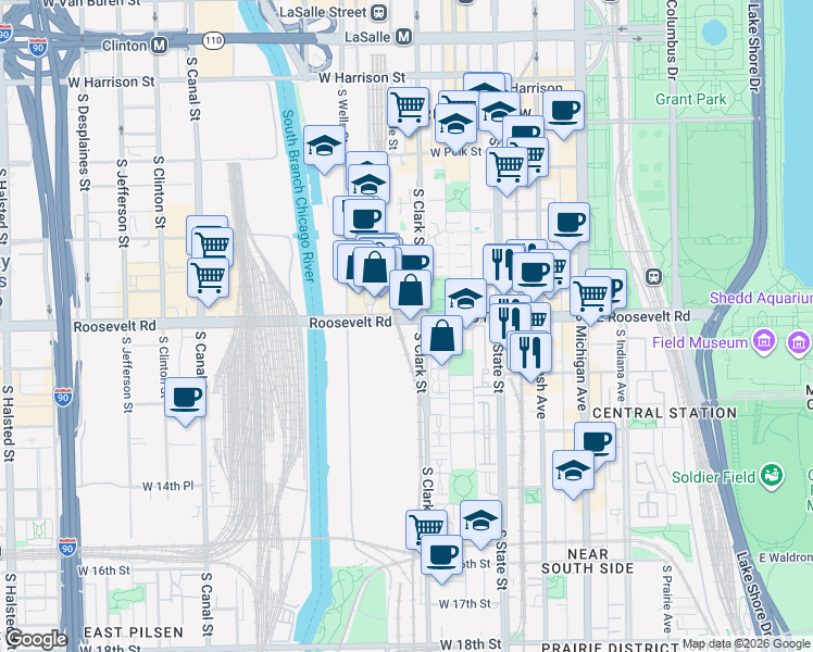 map of restaurants, bars, coffee shops, grocery stores, and more near 165 West Roosevelt Road in Chicago