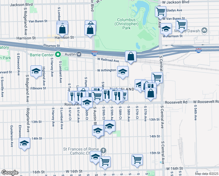 map of restaurants, bars, coffee shops, grocery stores, and more near 1125 South Mason Avenue in Chicago