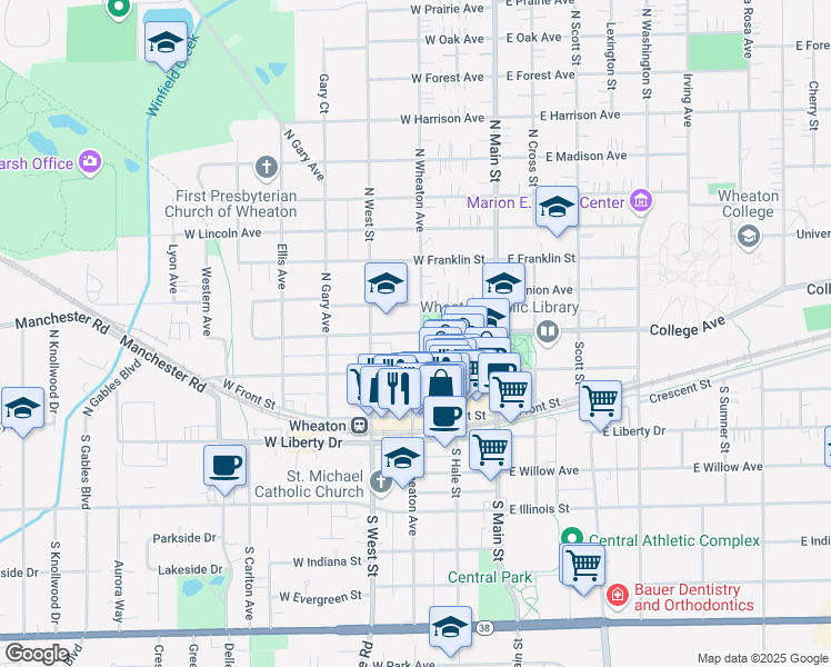 map of restaurants, bars, coffee shops, grocery stores, and more near 311 West Seminary Avenue in Wheaton