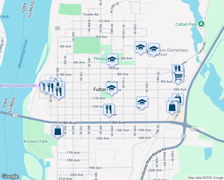 map of restaurants, bars, coffee shops, grocery stores, and more near 998 10th Avenue in Fulton