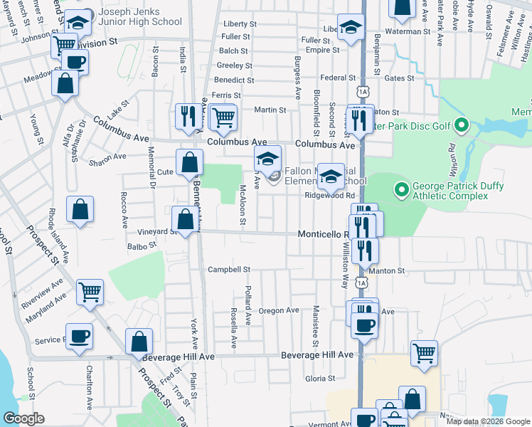map of restaurants, bars, coffee shops, grocery stores, and more near 120 Monticello Road in Pawtucket