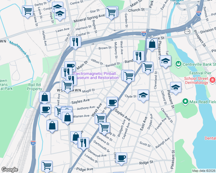 map of restaurants, bars, coffee shops, grocery stores, and more near 127 Boutwell Street in Pawtucket