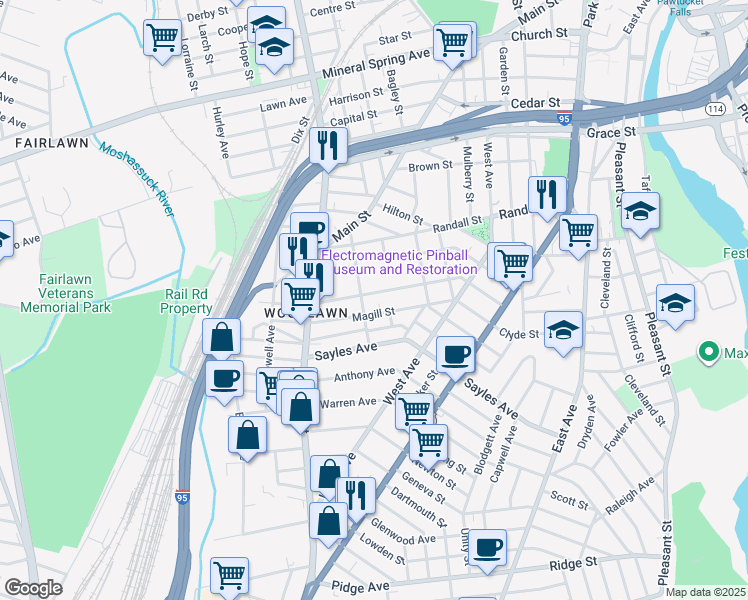 map of restaurants, bars, coffee shops, grocery stores, and more near in Pawtucket