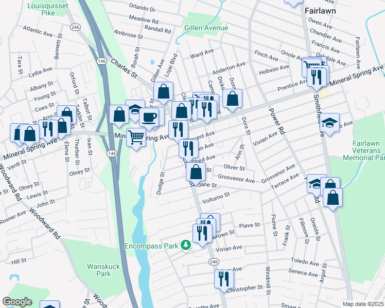 map of restaurants, bars, coffee shops, grocery stores, and more near 1021 Rhode Island 246 in North Providence