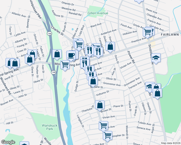 map of restaurants, bars, coffee shops, grocery stores, and more near 1021 Rhode Island 246 in North Providence
