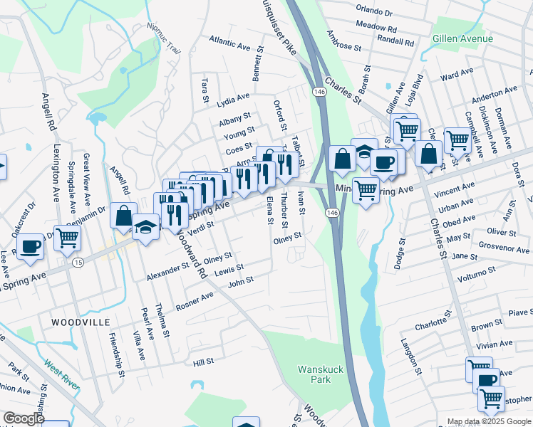map of restaurants, bars, coffee shops, grocery stores, and more near 52 Elena Street in North Providence