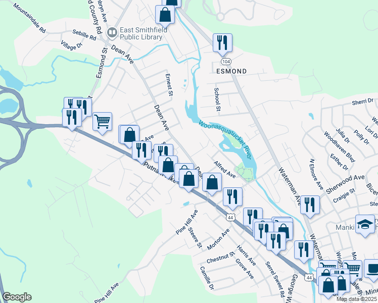 map of restaurants, bars, coffee shops, grocery stores, and more near 37 Dean Avenue in Johnston