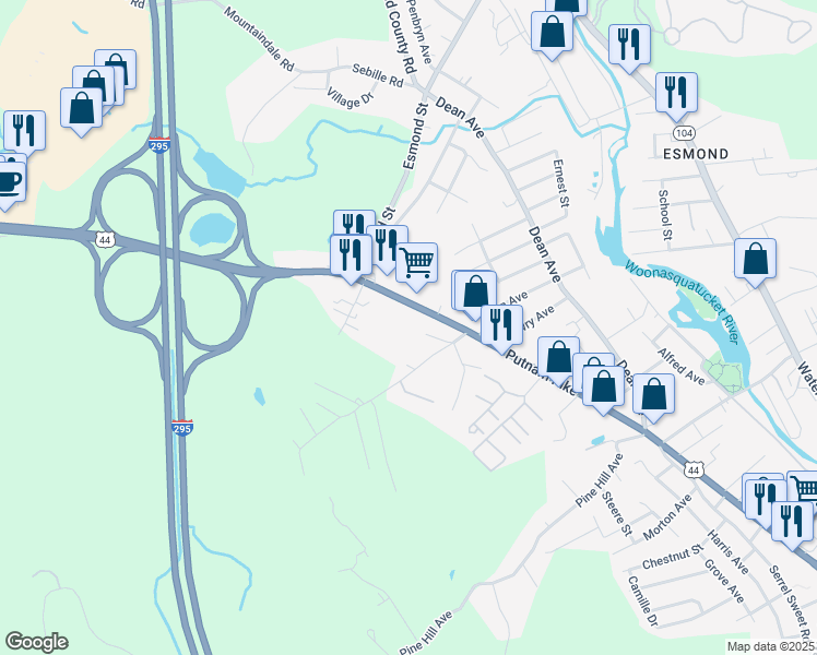map of restaurants, bars, coffee shops, grocery stores, and more near 12 Anglewood Avenue in Johnston