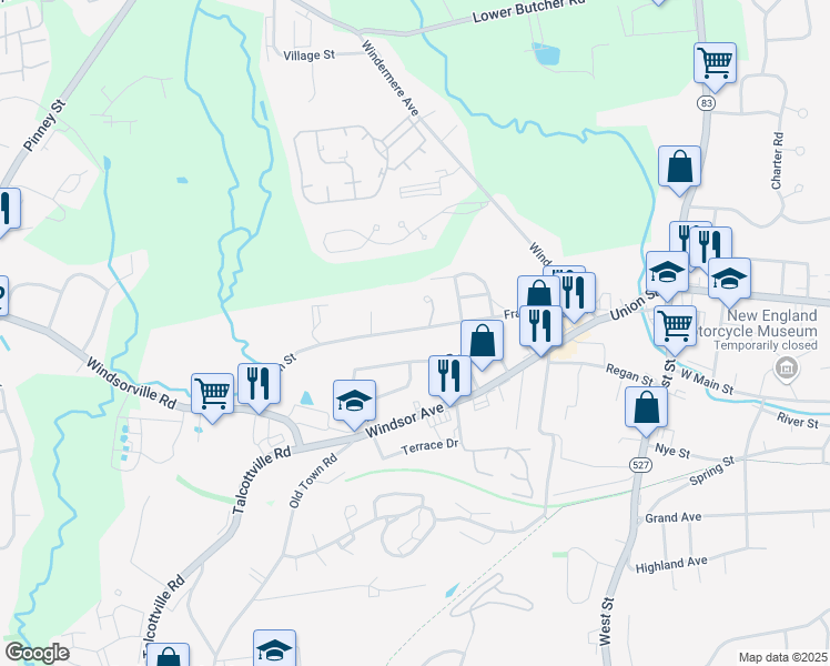 map of restaurants, bars, coffee shops, grocery stores, and more near 22 Burke Road in Vernon