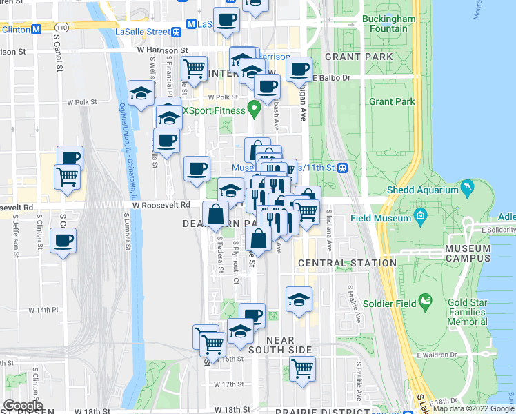map of restaurants, bars, coffee shops, grocery stores, and more near 1231 South State Street in Chicago