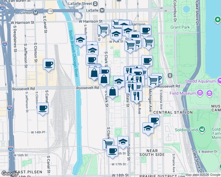 map of restaurants, bars, coffee shops, grocery stores, and more near 1226 South Federal Street in Chicago