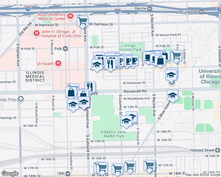 map of restaurants, bars, coffee shops, grocery stores, and more near 1435 Roosevelt Road in Chicago