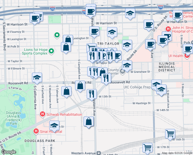 map of restaurants, bars, coffee shops, grocery stores, and more near 1201 South Western Avenue in Chicago