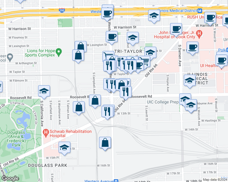 map of restaurants, bars, coffee shops, grocery stores, and more near in Chicago