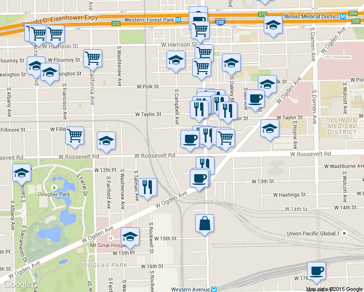 map of restaurants, bars, coffee shops, grocery stores, and more near in Chicago