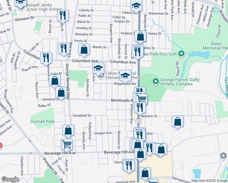 map of restaurants, bars, coffee shops, grocery stores, and more near 154 Edgemere Road in Pawtucket