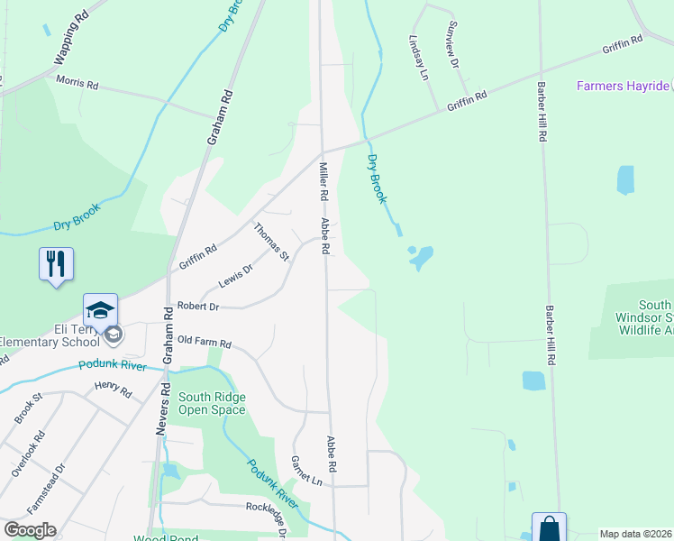 map of restaurants, bars, coffee shops, grocery stores, and more near 427 Abbe Road in South Windsor