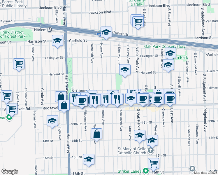 map of restaurants, bars, coffee shops, grocery stores, and more near 1161 Clinton Avenue in Oak Park