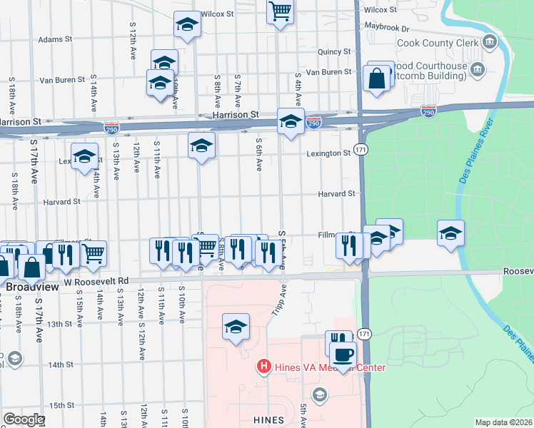 map of restaurants, bars, coffee shops, grocery stores, and more near 2032 South 6th Avenue in Maywood