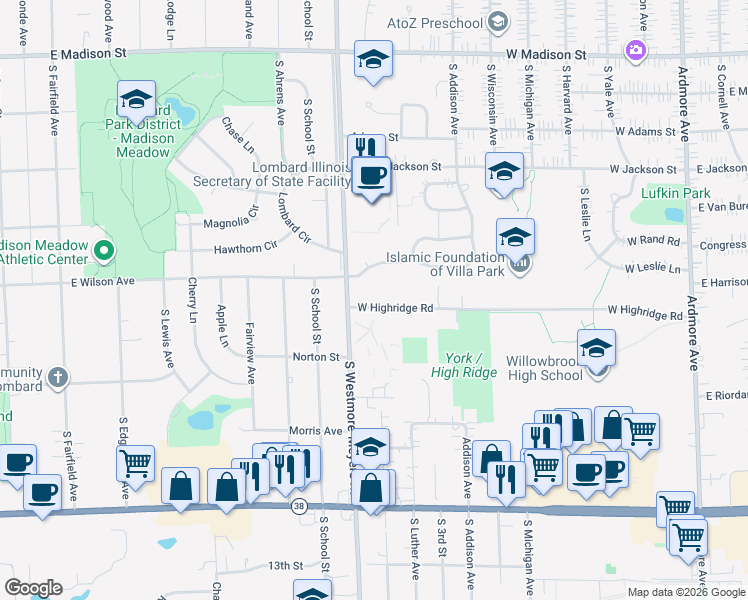 map of restaurants, bars, coffee shops, grocery stores, and more near 1029 South Westmore-Meyers Road in Lombard