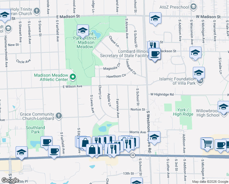 map of restaurants, bars, coffee shops, grocery stores, and more near 1038 Fairview Avenue in Lombard