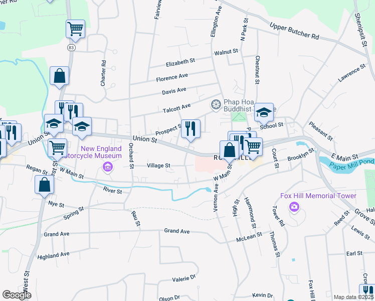map of restaurants, bars, coffee shops, grocery stores, and more near Ward Street in Vernon