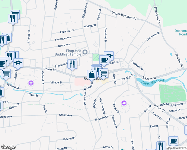 map of restaurants, bars, coffee shops, grocery stores, and more near 23 Elm Street in Vernon