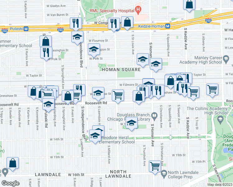 map of restaurants, bars, coffee shops, grocery stores, and more near S Central Park Ave & W Grenshaw St in Chicago
