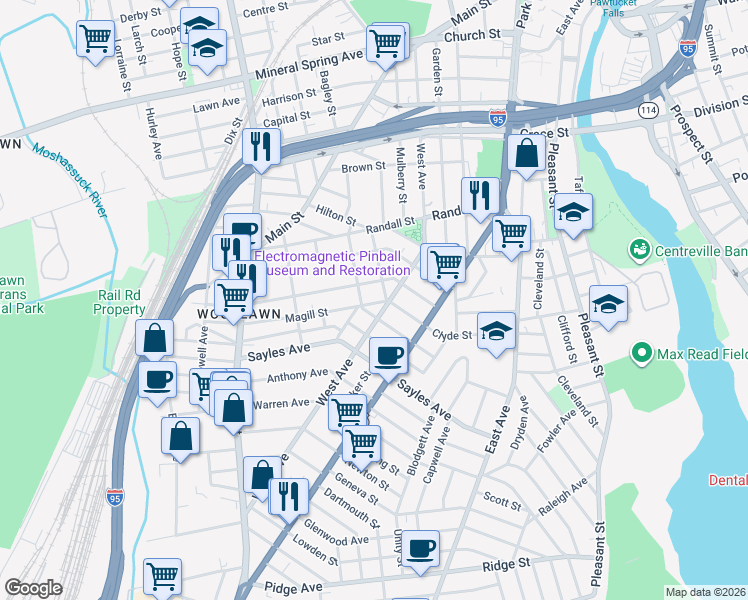 map of restaurants, bars, coffee shops, grocery stores, and more near 127 Boutwell Street in Pawtucket
