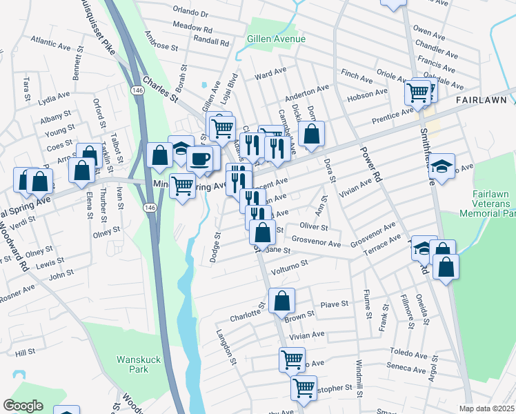 map of restaurants, bars, coffee shops, grocery stores, and more near 1021 Rhode Island 246 in North Providence