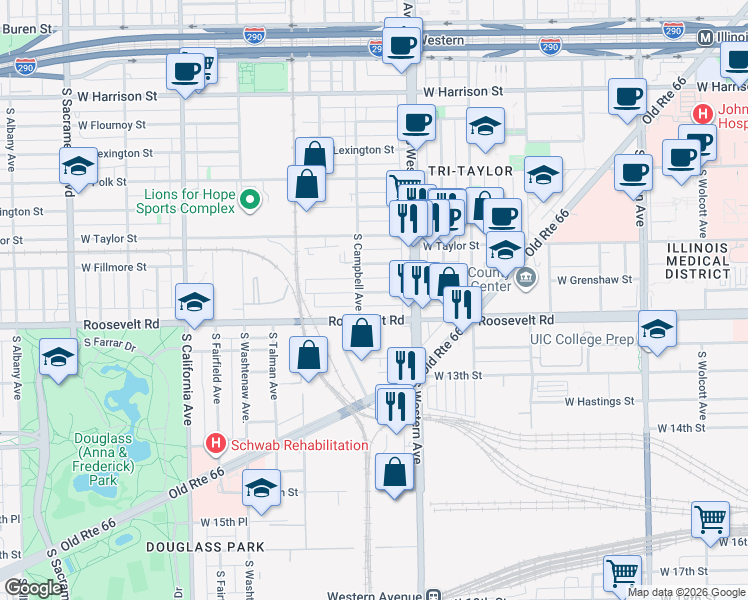 map of restaurants, bars, coffee shops, grocery stores, and more near 2447 West Grenshaw Street in Chicago