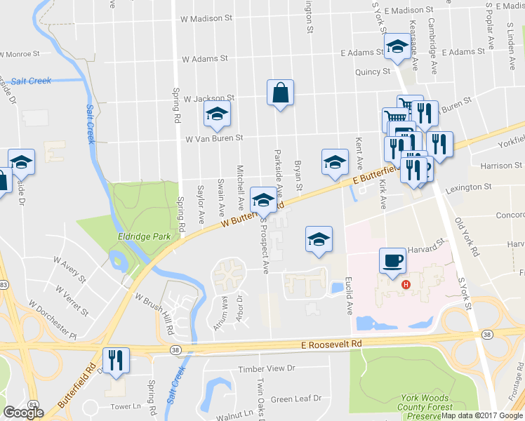 map of restaurants, bars, coffee shops, grocery stores, and more near W Butterfield Rd & S Prospect Ave in Elmhurst